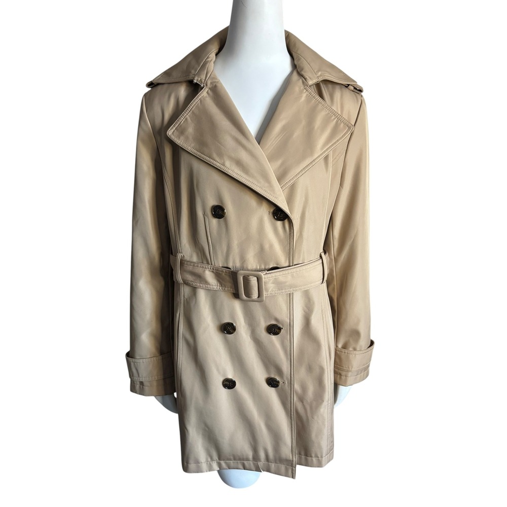 Calvin Klein Women Beige Hooded Double Breasted Belted Trench Coat Size L